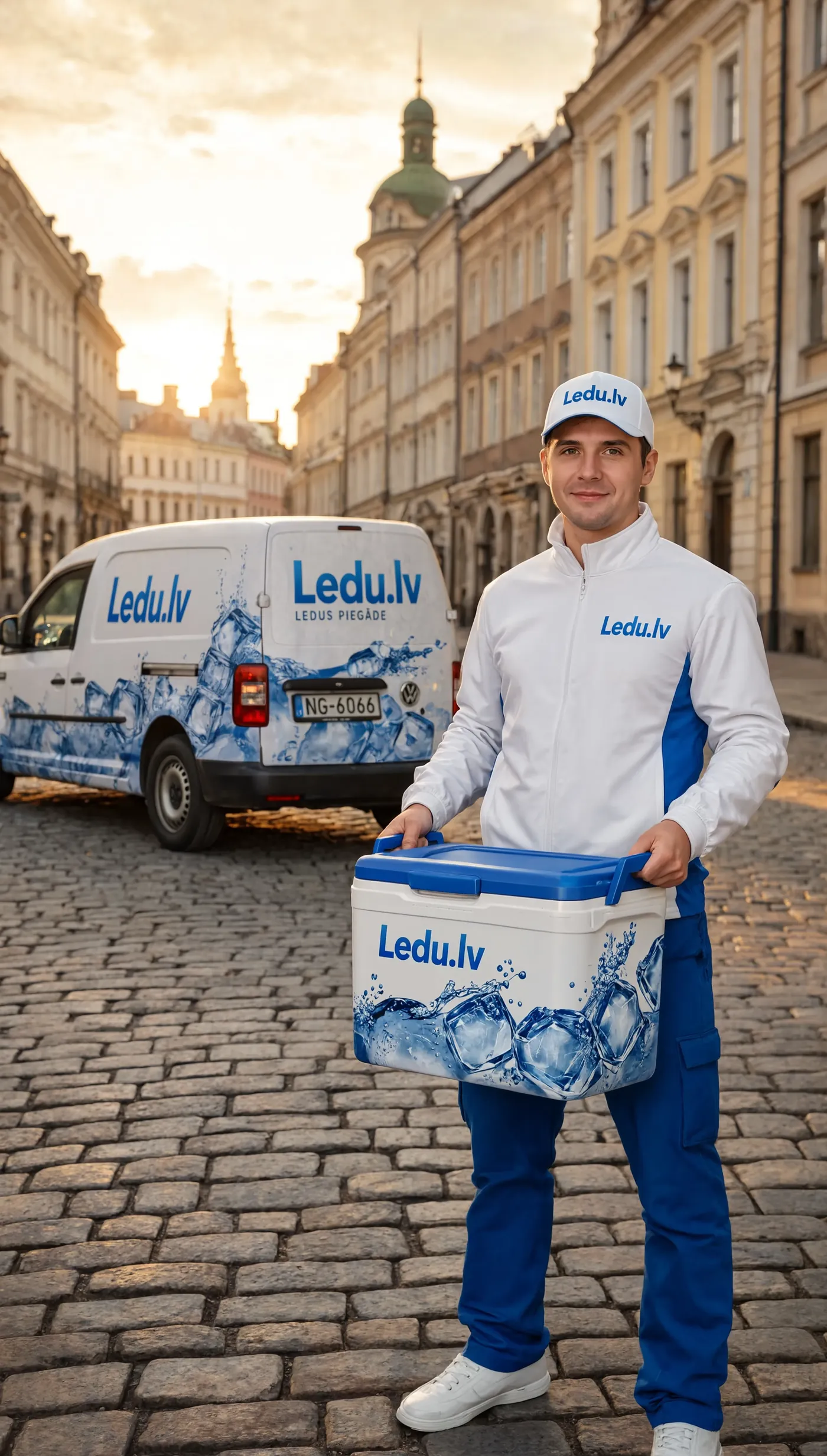 Ledu.lv kurjers piegādā termo kasti ar ledu Rīgas vecpilsētā